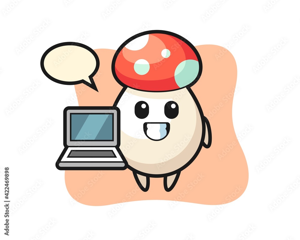 Mascot Illustration of mushroom with a laptop Mascot Illustration of mushroom with a laptop