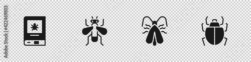 Set Book about insect, Insect fly, Clothes moth and Mite icon. Vector