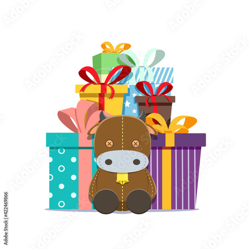 Wallpaper Mural Big pile of colorful wrapped gift boxes with ribbons and cow doll. Lots of presents. Flat style vector illustration isolated on white background Torontodigital.ca