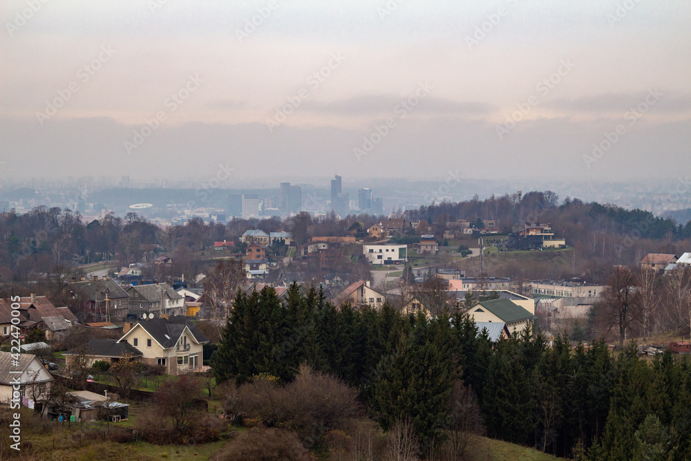 Panorama of Vilnius. View from the mountain to the city. Autumn 