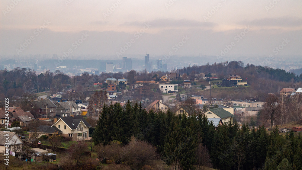 Panorama of Vilnius. View from the mountain to the city. Autumn 