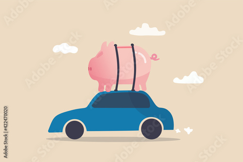 Saving money to buy new car, expense or budget for car maintenance service, debt or car loan concept, big cute pink piggybank money box on the roof of riding car.