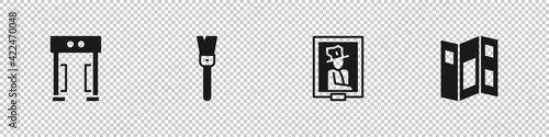 Set Metal detector, Paint brush, Portrait museum and Museum guide brochure icon. Vector