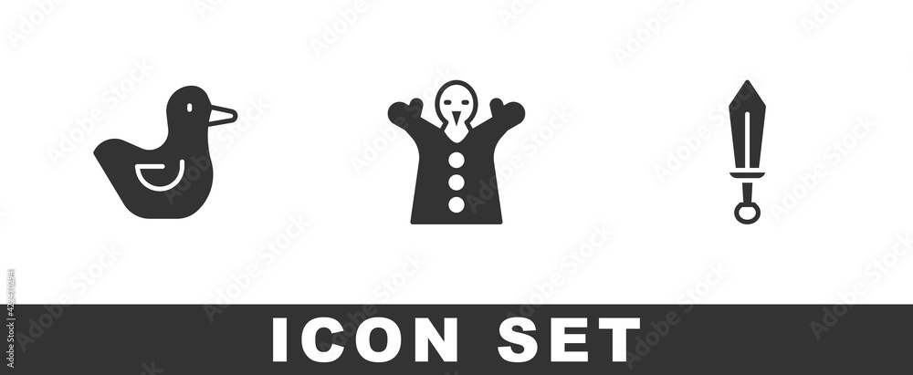 Set Rubber duck, Toy puppet doll on hand and Sword toy icon. Vector Set Rubber duck, Toy puppet doll on hand and Sword toy icon. Vector