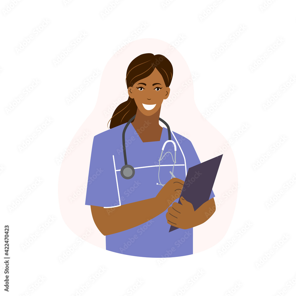 A female doctor with a folder and a stethoscope. Healthcare. African. Vector illustration A female doctor with a folder and a stethoscope. Healthcare. African. Vector illustration