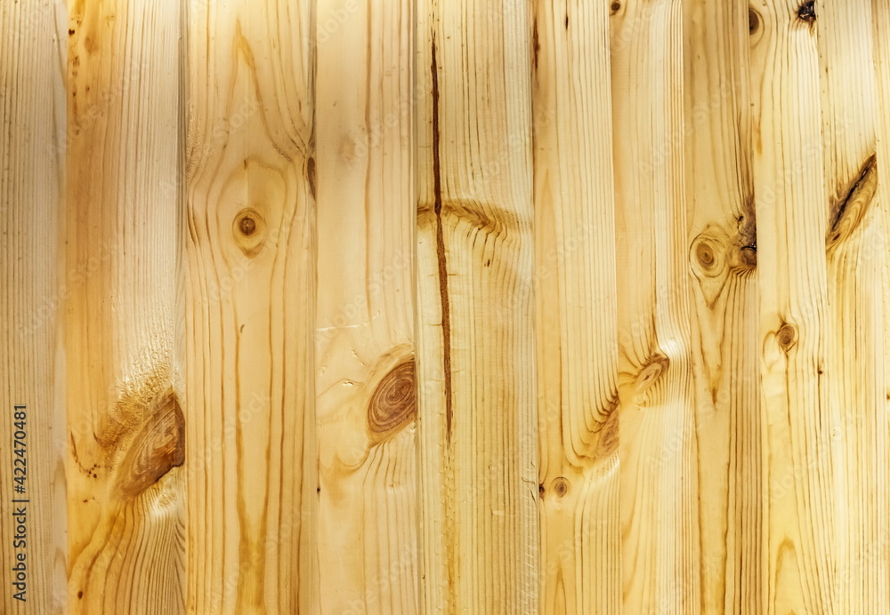 Background of pine planks standing vertically in a row close-up - obrazy, fototapety, plakaty 