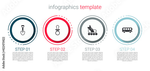 Set Shovel toy, Baby dummy pacifier, Roller skate and Bus. Business infographic template. Vector