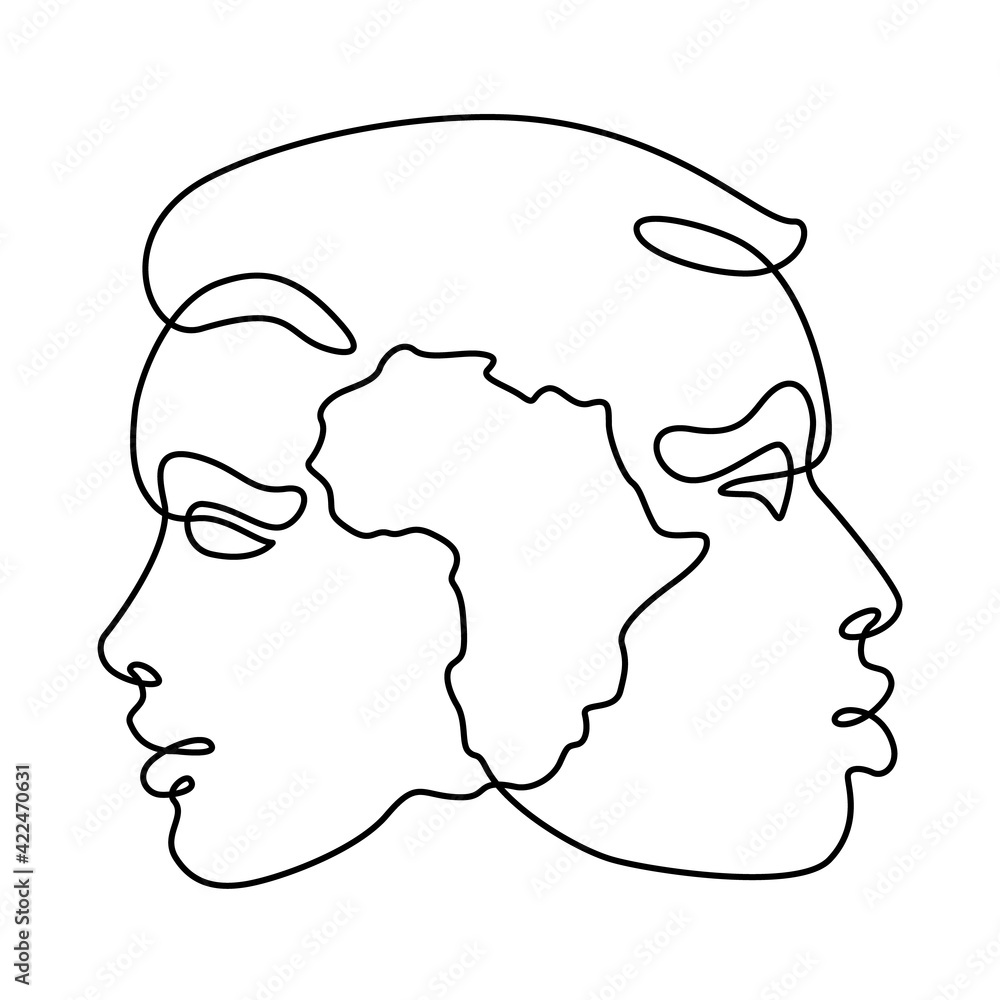 Female and male portrait. Face profile symbol of local nationality. Africa silhouette map. One continuous drawing line  logo single hand drawn art doodle isolated minimal illustration.