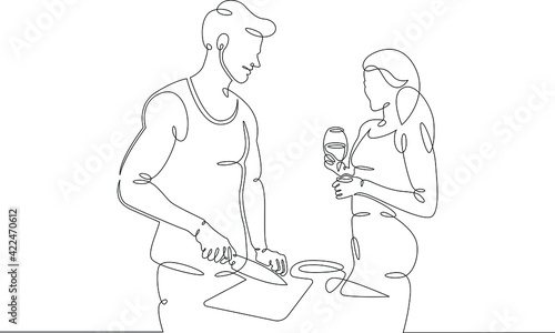 A loving couple prepares food in the kitchen. Homemade food.One continuous drawing line  logo single hand drawn art doodle isolated minimal illustration.