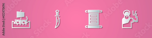 Set paper cut Greek trireme, Dagger, Decree, parchment, scroll and Zeus icon. Paper art style. Vector