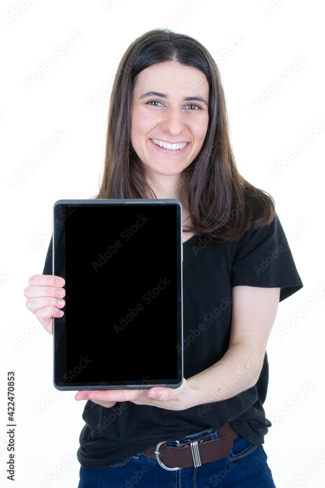 businesswoman woman holding tablet computer with blank empty black screen businesswoman woman holding tablet computer with blank empty black screen
