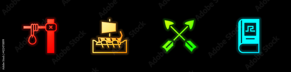 Set Gallows, Greek trireme, Crossed arrows and history book icon. Vector Set Gallows, Greek trireme, Crossed arrows and history book icon. Vector