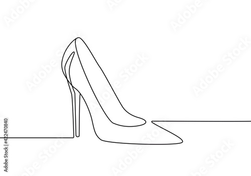 High Heel Trendy Line Art Drawing. Women's Shoe Minimalistic Black Lines Drawing. Female Elegant Shoe Continuous One Line Abstract Illustration. Vector EPS 10