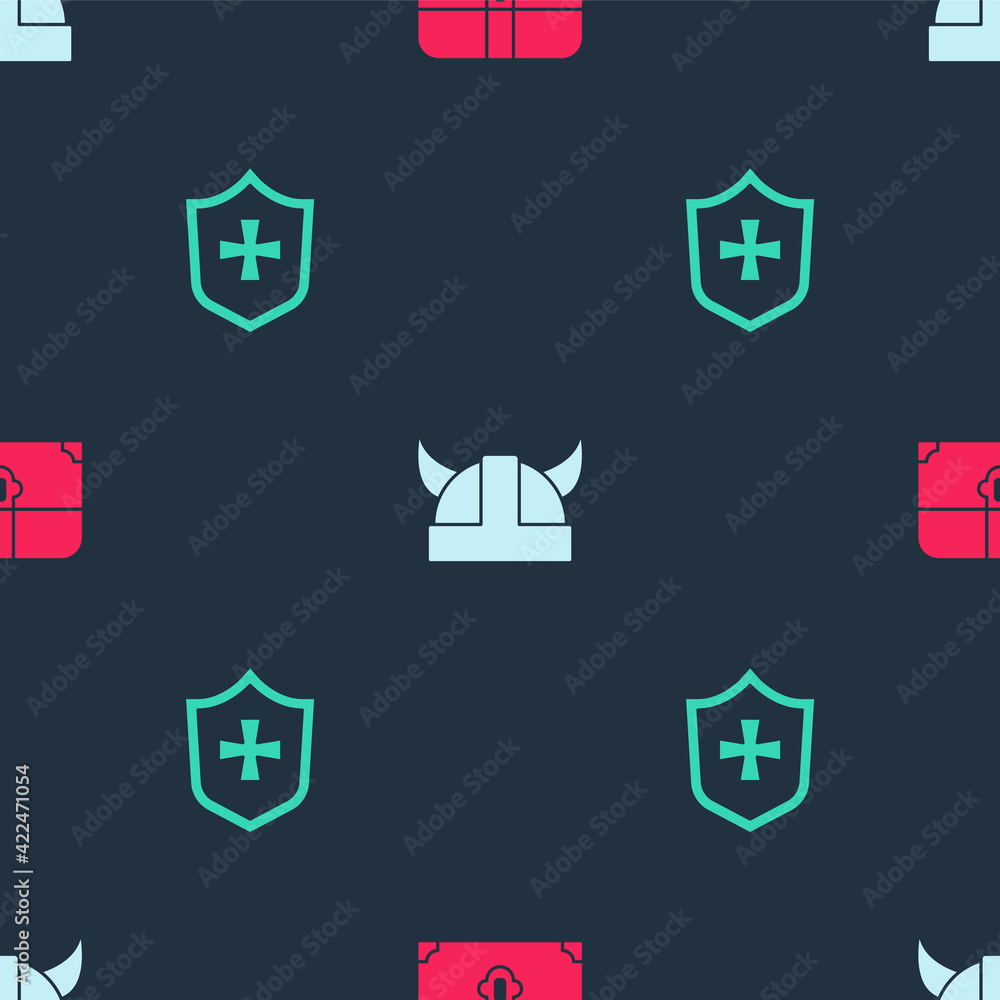 Set Antique treasure chest, Viking in horned helmet and Shield on seamless pattern. Vector Set Antique treasure chest, Viking in horned helmet and Shield on seamless pattern. Vector