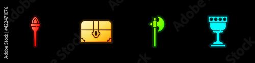 Set Torch flame, Antique treasure chest, Medieval axe and goblet icon. Vector