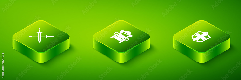 Obraz premium Set Isometric Medieval throne, Shield and Crossed medieval sword icon. Vector