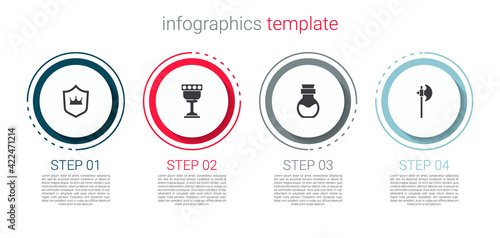 Set Shield with crown, Medieval goblet, Poison in bottle and axe. Business infographic template. Vector