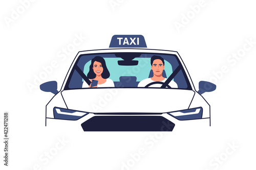 Taxi driver and a passenger on a front seat. A front view of a taxi cab. Vector illustration.