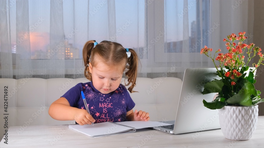 Online lessons for children. Homeschooling and distance education for kids. Girl student study online with video call teacher Online lessons for children. Homeschooling and distance education for kids. Girl student study online with video call teacher