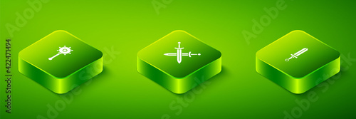 Set Isometric Crossed medieval sword, Medieval and chained mace ball icon. Vector