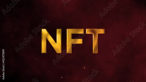 CGI motion graphic footage of gold NFT sign appearing in red fog with particles. Non-fungible token concept