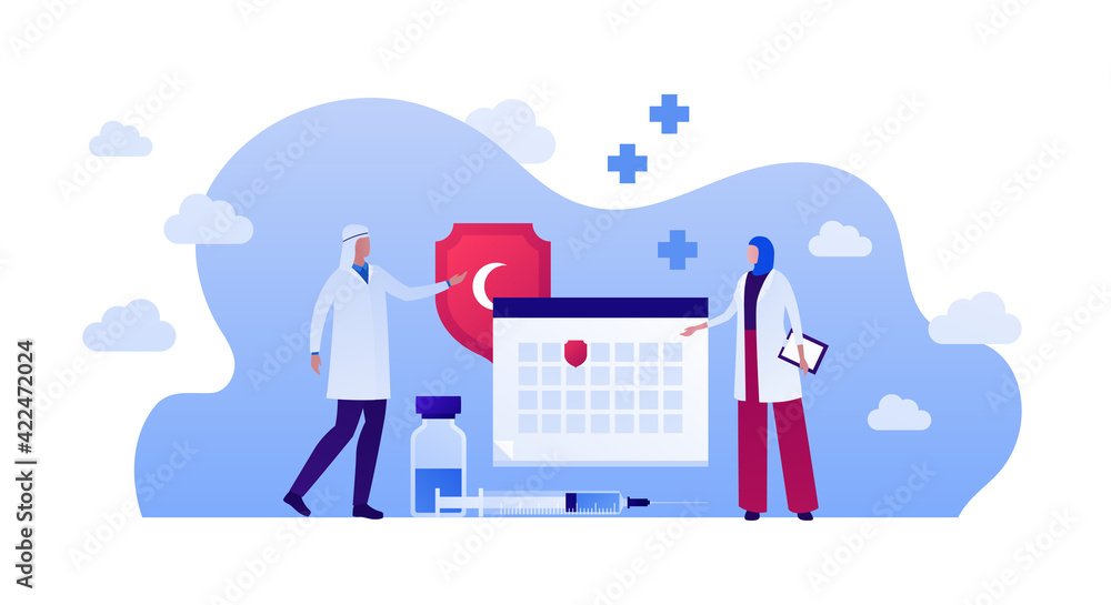 Muslim doctor and vaccination concept. Vector flat people illustration. Male and female in scarf and uniform. Vaccine in syringe and vial. Calendar and shield sign. Design for health care and medicine