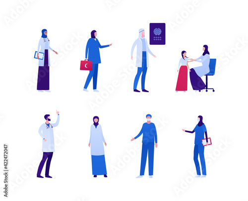Muslim doctor collection. Vector flat people character illustration. Male and female medic team. Nurse, sugreon, paramedic, pediatrician, radiologist. Design element for health care and medicine.