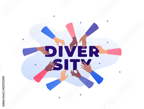 People unity and diversity concept. Vector flat illustration. Multicultural human hand holding text. African american, caucasian and mixed ethnic. Design for banner, business, charity.