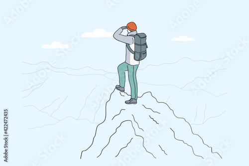 Hiking on mountains, backpacker, traveling concept. Young traveler hiker cartoon character standing backwards on peak of mountains enjoying great landscape view alone vector illustration 