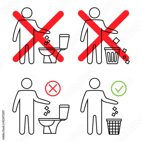 Do not litter in the toilet. Toilet no trash. Keeping the clean. Man littering in toilet. Forbidden icon. Throwing garbage in a bin. Vector