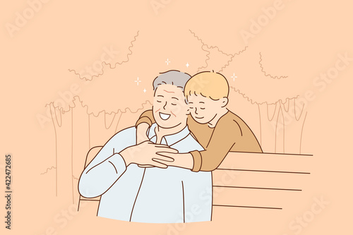 Happy childhood and parenting concept. Smiling senior man sitting on bench and feeling hugs of his grandson hugging him from behind during walk in park in summer vector illustration 