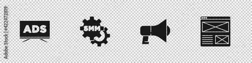 Set Advertising, Social media marketing, Megaphone and Browser window icon. Vector