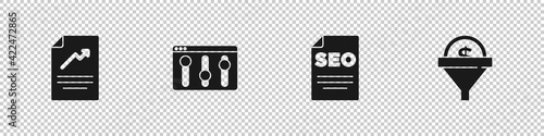 Set Document with graph chart, Browser setting, SEO optimization and Lead management icon. Vector