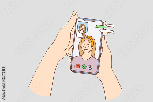 Virtual talking and chat with friends during covid-19 concept. Human hand using video chat conference call with friends on smartphone with special app vector illustration 