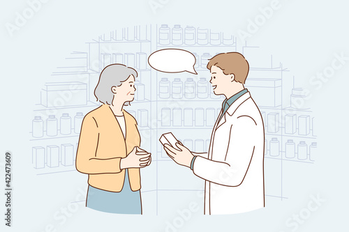 Drugstore assistant during work concept. Young smiling male pharmacist cartoon character woking with his client advising mature woman treatment vector illustration 