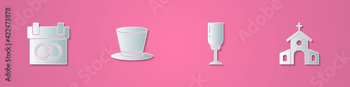 Set paper cut Calendar, Cylinder hat, Glass of champagne and Church building icon. Paper art style. Vector