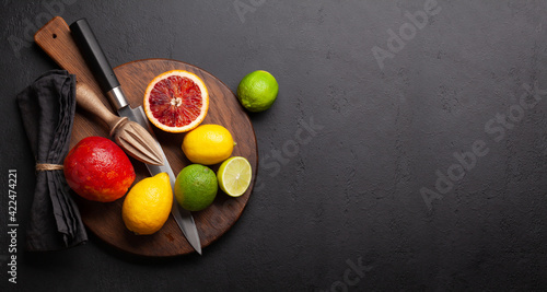 Various fresh citrus fruits. Bood orange, lime, lemon