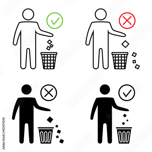 Keeping the clean. Forbidden icon. Do not throwing garbage out the bin. Throwing garbage, icons. Tidy man or do not litter, symbols, keep clean and dispose of carefully and thoughtfully