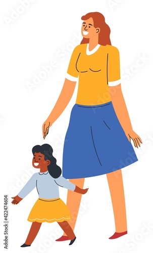 Kindergarten teacher watching after small girl kid