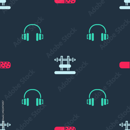 Set Vitamin pill, Bench with barbel and Headphones on seamless pattern. Vector