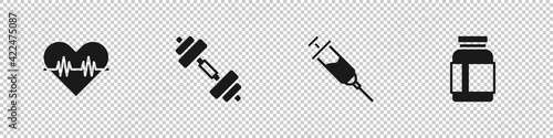 Set Heart rate, Dumbbell, Doping syringe and Sports nutrition icon. Vector