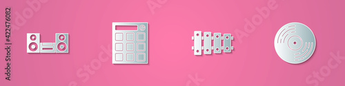 Set paper cut Home stereo, Drum machine, Xylophone and Vinyl disk icon. Paper art style. Vector
