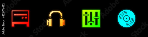 Set Guitar amplifier, Headphones, Sound mixer controller and Vinyl disk icon. Vector