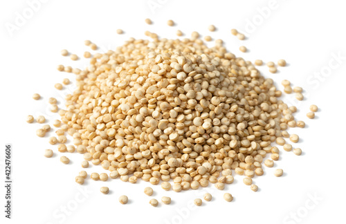 small pile of uncooked white quinoa, super food, isolated on pure white background