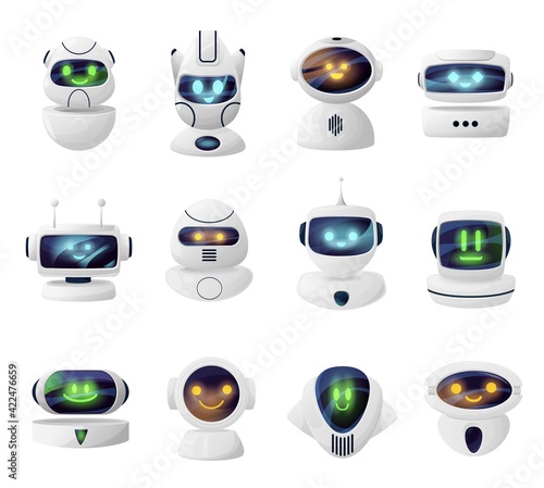 Robots, androids heads with cute faces on screen. Smiling androids cartoon characters, artificial intelligence robot mascot or cybernetic alien life form with glowing eyes and mouth on display vector
