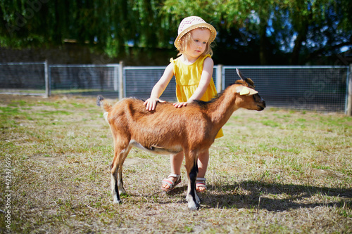 Adorable toddler girl in yellow dress and straw hat playing with goats at farm photo