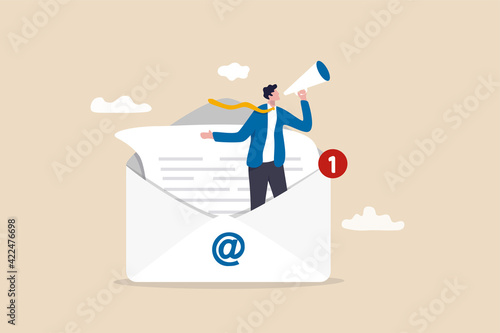 Email marketing, CRM, subscription on web and sending email newsletter for discount or promotion information concept, businessman standing in email envelope announcing promotion through megaphone.