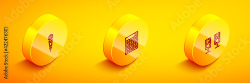 Set Isometric Microphone, Drum machine and Stereo speaker icon. Vector