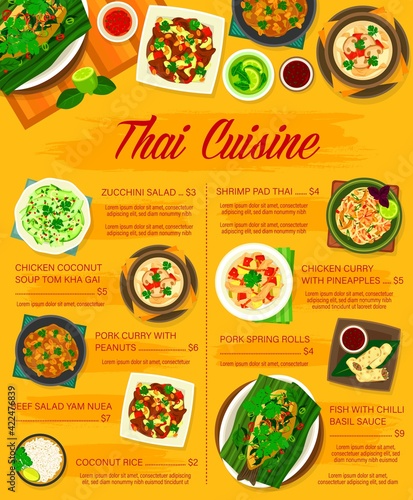 Thai food menu, Thailand cuisine Asian dishes, vector restaurant menu cover. Thailand cuisine traditional chicken curry, pad thai noodles with seafood shrimps, coconut rice and pork spring rolls