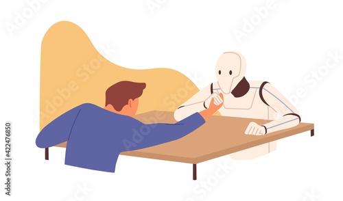 Futuristic robot vs human concept. Confrontation between person and AI. Man and artificial intelligence at arm wrestling competition. Colored flat vector illustration isolated on white background